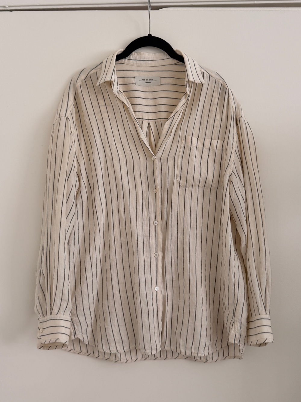 Weekend Max Mara Cream Striped Linen Button Down Long Sleeve Shirt 4